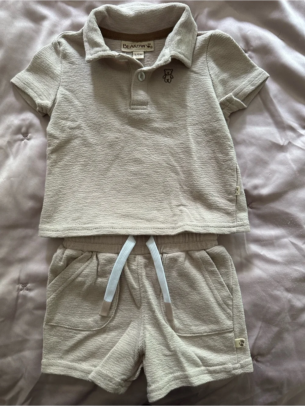 BearPaw Beige Baby Polo Collared Shirt with Embroidered Bear Baby Outfit